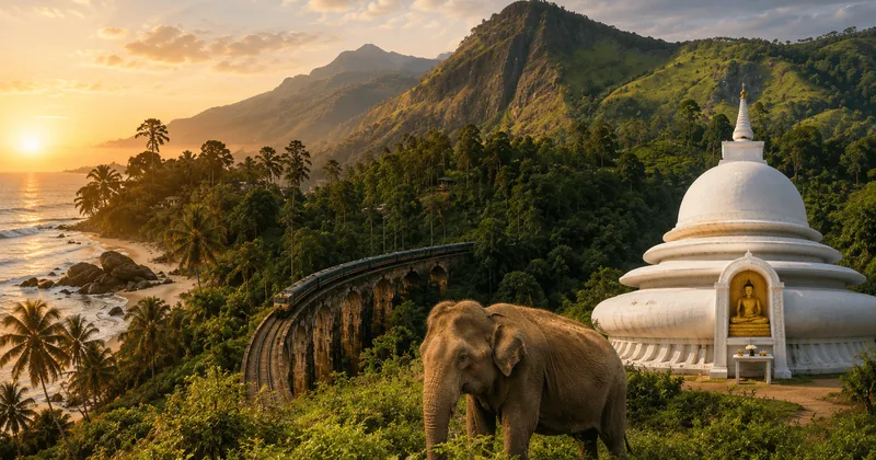 Train sur un pont dans la jungle du Sri Lanka, avec un éléphant et un stupa blanc